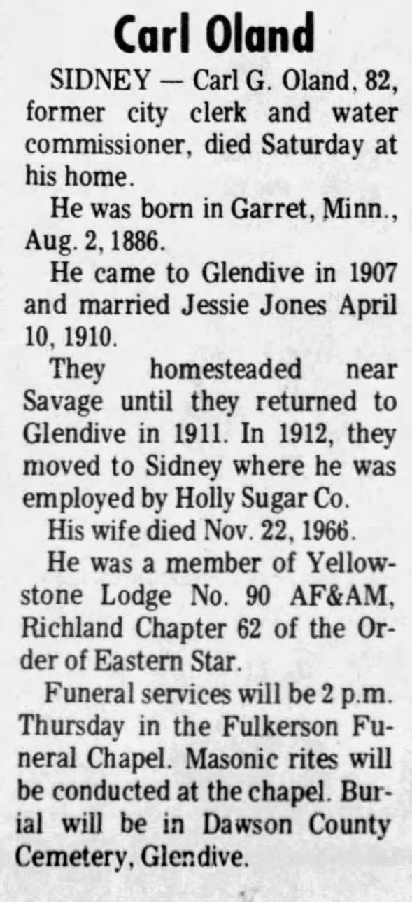 Obituary for Carl G. Oland (Aged 82)